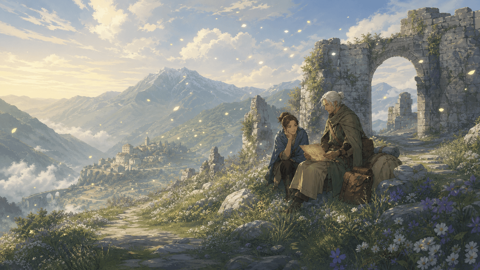 Original illustration of two fantasy travelers reading a letter beside mountain ruins