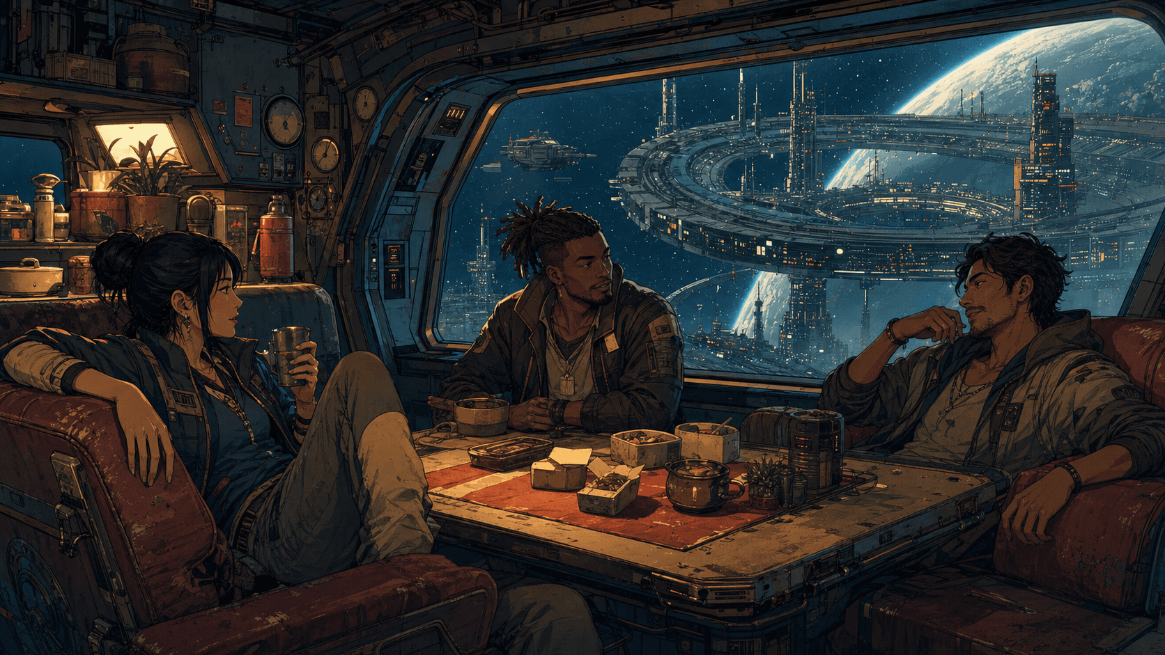 Original illustration of three space couriers resting inside an orbital ship