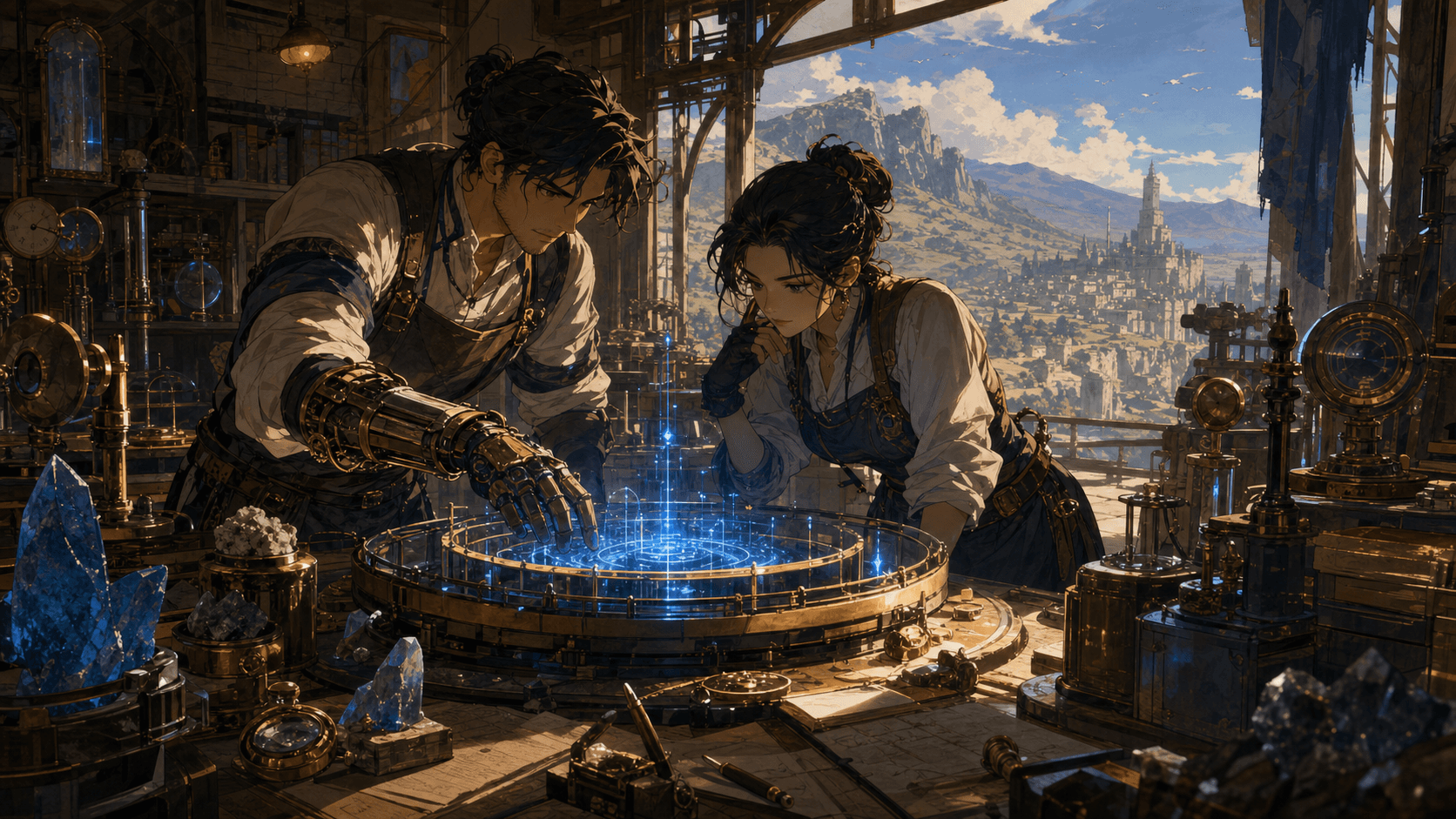 Original illustration of sibling researchers studying an energy experiment in a mechanical workshop